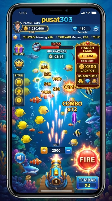 Screenshot aplikasi pusat303 menunjukkan berbagai kategori tersedia.